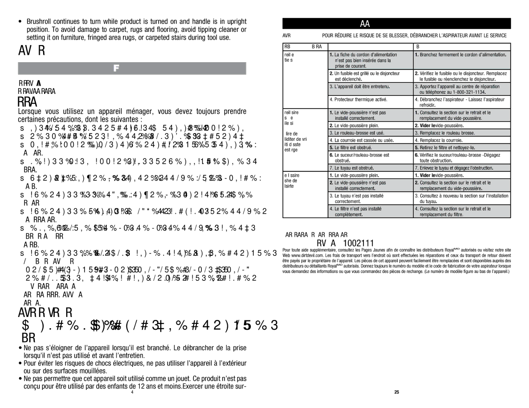 Dirt Devil UD20015 owner manual Save These Instructions, Guide DE Dépannage, Service À LA Clientèle 